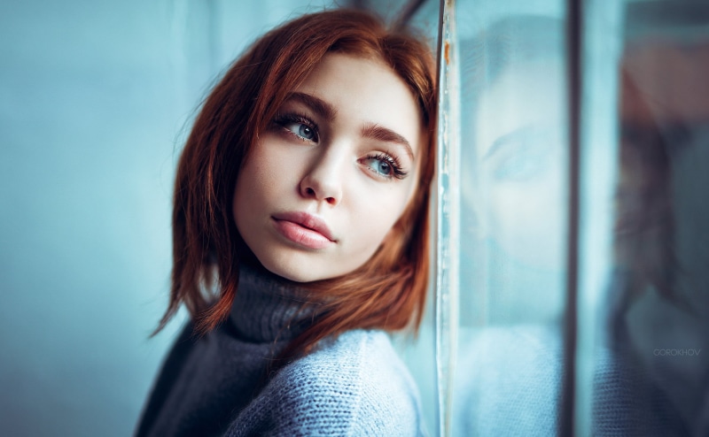 face, looking, headshot, redhead, indoors, adolescence, one person, long hair, blue eyes, women, 1080P, adult, front view, contemplation, beauty, dyed red hair