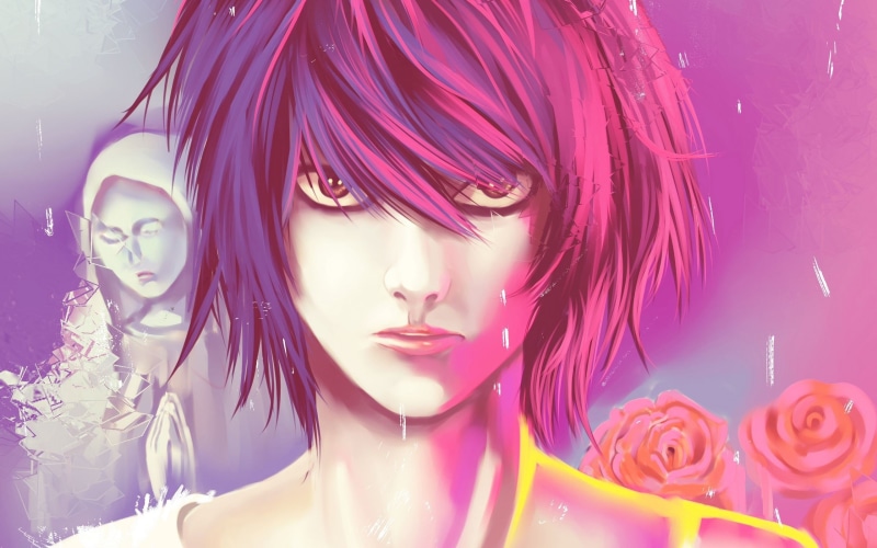 dyed hair, pink color, human representation, front view, indoors, purple, l, note, young women, retail, women, mannequin, hairstyle, portrait, female likeness