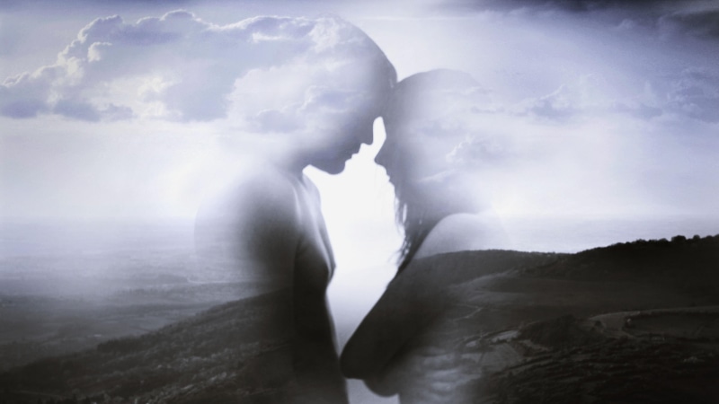 kiss, imagination, romance, incredible, landscape, amazing, monochrome, fantasy art, beautiful, sky, land, calm, nostalgic, cloud, couple, horizon, silhouette
