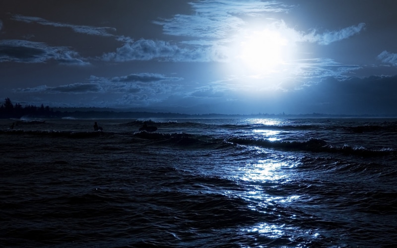 light, serfer, night, ocean, moon, 2K, coast, outlines