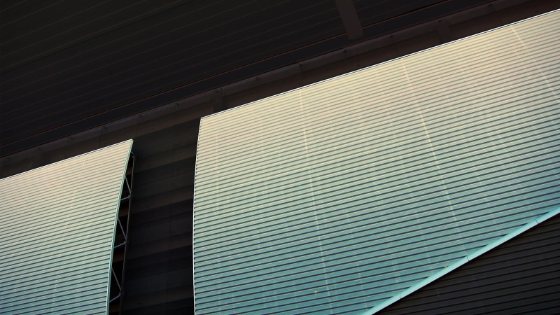 roof, sunlight, architecture, glass, 1080P, corrugated iron, no people, window, day, building exterior, iron, striped, blinds, building, textured, pattern