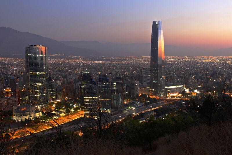 Chile, Titanium La Portada, twilight, Santiago, urban scene, downtown, 4K, Torre Gran Costanera, cityscape, South America, dusk, The Costanera Center Torre 2