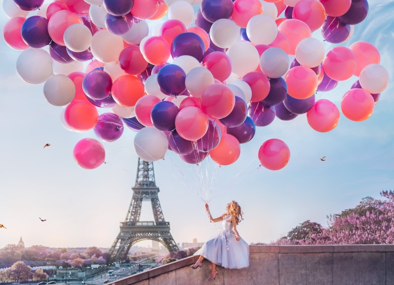 White Dress, Mood, Balloon, Dress, Woman, Eiffel Tower, 8K, Girl, Blonde, Paris, Women, France, Model