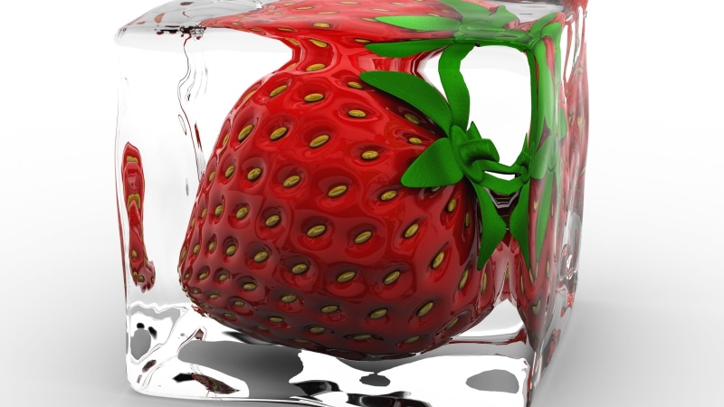red, temptation, indoors, glass, single object, white background, still life, berry fruit, close-up, ice, strawberry, freshness, cut out, fruit, container