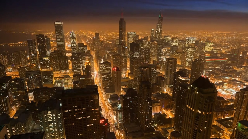 aerial view, financial district, illuminated, view, lights, architecture, building exterior, city, cityscape, spire, sky, crowded, tower, Chicago, crowd