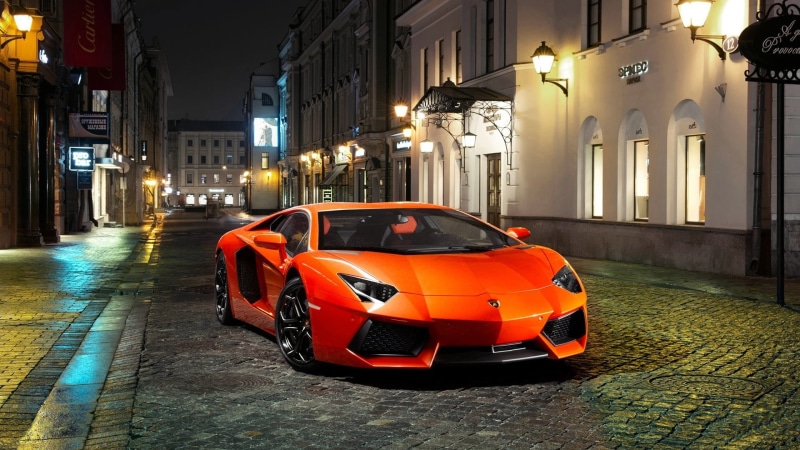 Lamborghini, building exterior, building, Lamborghini Aventador, land vehicle, orange, mode of transportation, motor vehicle, aventador, night, no people