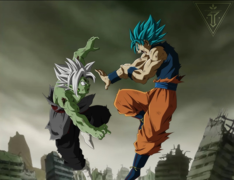 men, full length, representation, Super Saiyan Blue, sky, holding, day, nature, Anime, Zamasu (Dragon Ball), costume, architecture, 1080P, Goku, outdoors