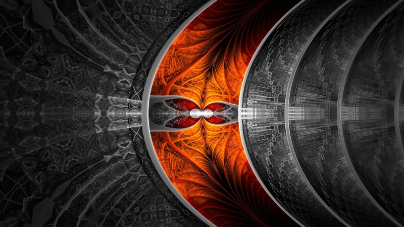 abstract, no people, pattern, spirituality, full frame, fractal, gray, indoors, floral, art and craft, black background, orange, close-up, religion, metal
