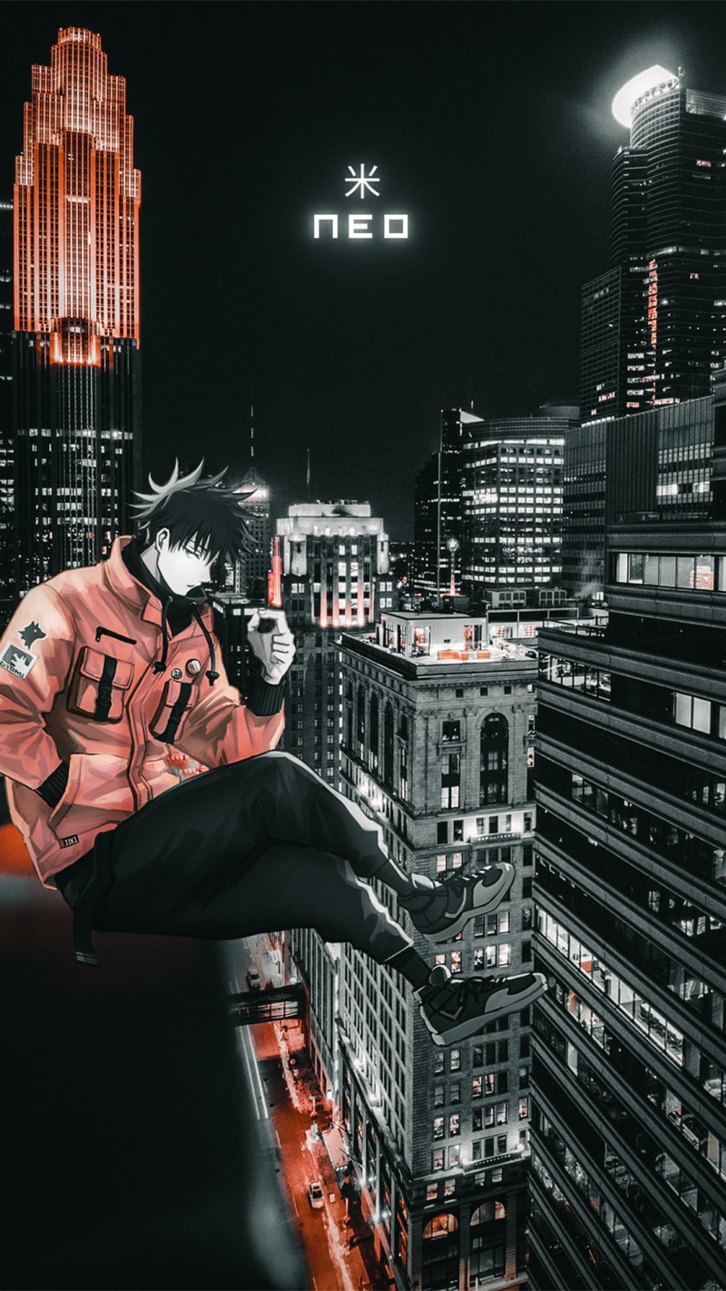 Jujutsukaisen, city lights, night, 1080P, Megumi Fushiguro, anime city