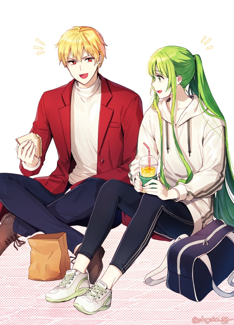 fan art, Enkidu (FGO), blond hair, 2D, green eyes, short hair, sandwich, Fate/Grand Order, ponytail, vertical, anime boys, red jackets, Gilgamesh, open mouth