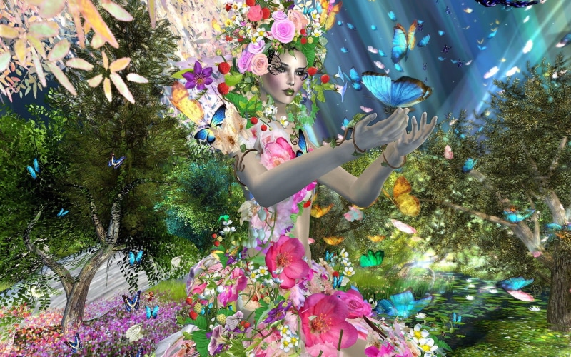 1080P, Butterfly, Flowers, Creative, Girl, Trees, Design