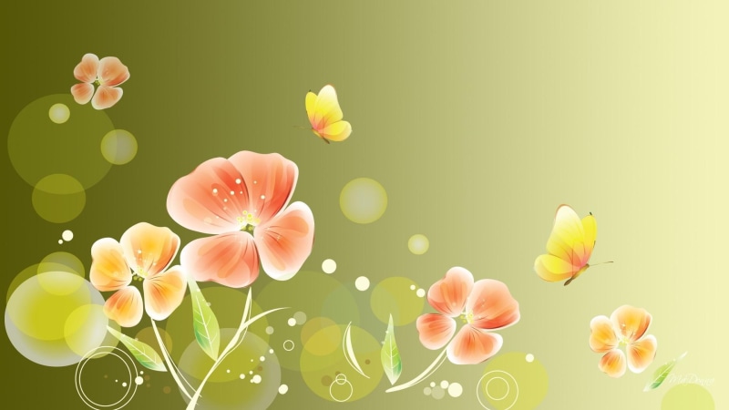 petaled, 1080P, water, flowers, orange, paint, green, watercolor, butterflies, yellow, spring, nature and landscapes, summer, bokeh, color