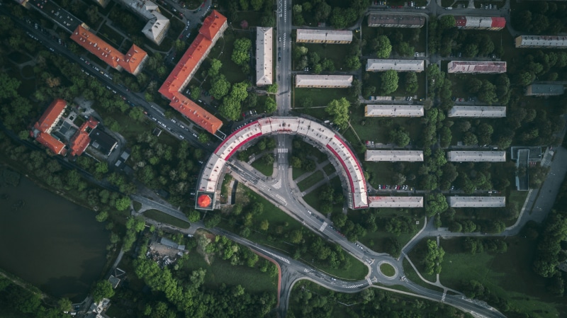buildings, view, aerial View, mode of transportation, photo, s, street, green color, Arc, plant, city, Drone, 2K, transportation, road, trees, travel