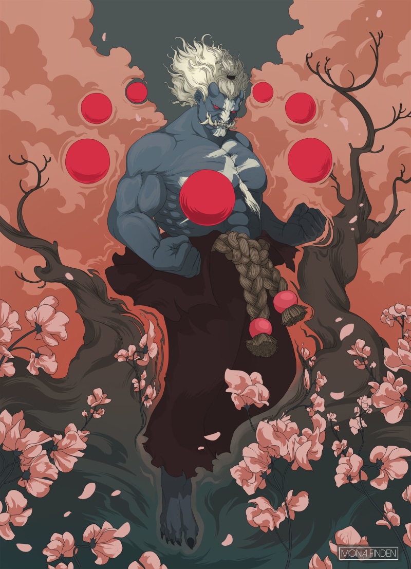illustration, pattern, tattoo, shiny, art and craft, trees, white hair, Street Fighter, blue skin, modern, Mona Finden, beauty in nature, no people, creativity