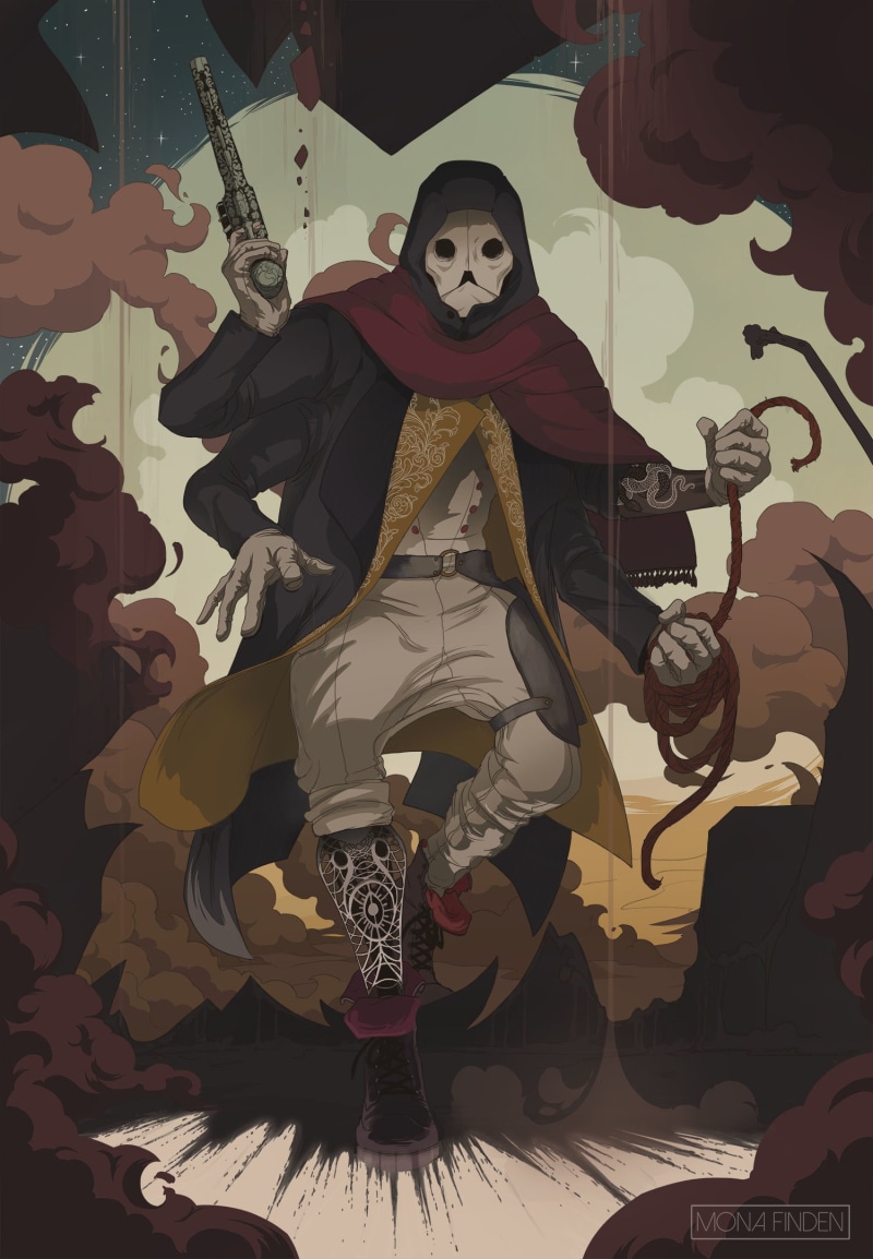 Mona Finden, art and craft, no people, 1080P, mural, human skeleton, built structure, design, hood, male likeness, ropes, mask, machine, illustration