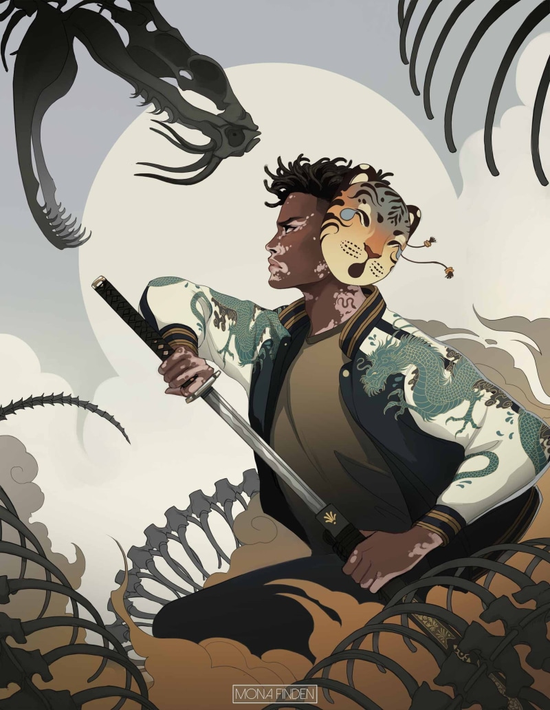 ArtStation, artwork, snake, clouds, 1080P, sword, digital art, illustration, mask, Mona Finden