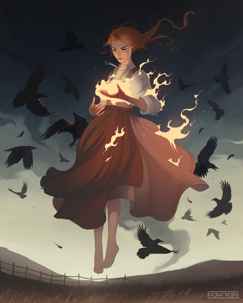 digital art, Mona Finden, ArtStation, crow, illustration, birds, artwork, fire, 720P