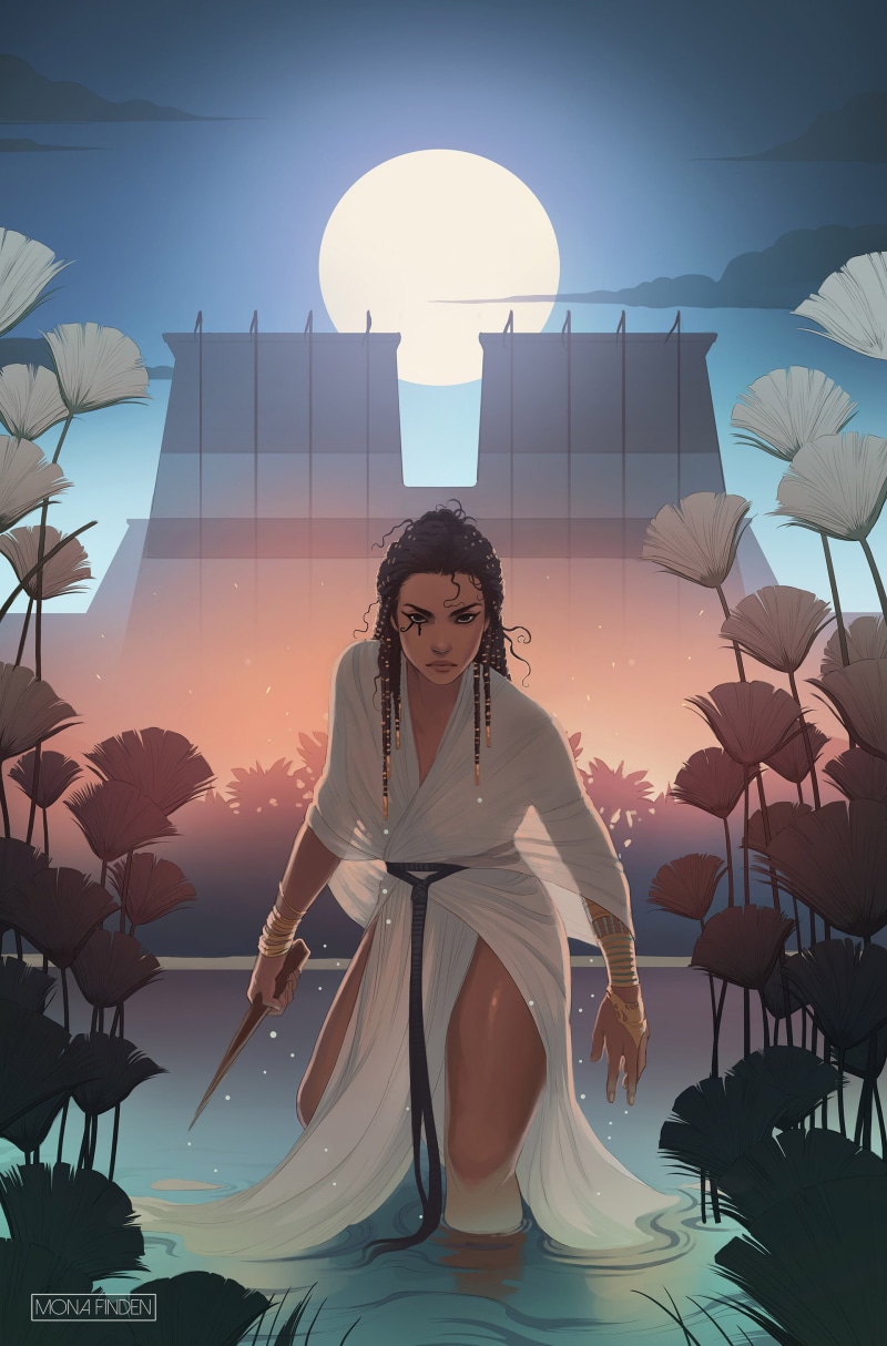 ArtStation, clouds, artwork, ancient, flowers, illustration, night, 2K, Moon, Mona Finden, digital art