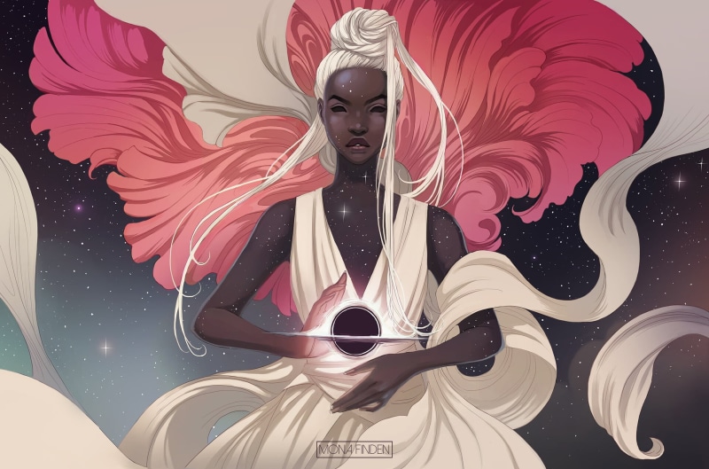 digital art, white hair, starry night, 1080P, Mona Finden, black holes