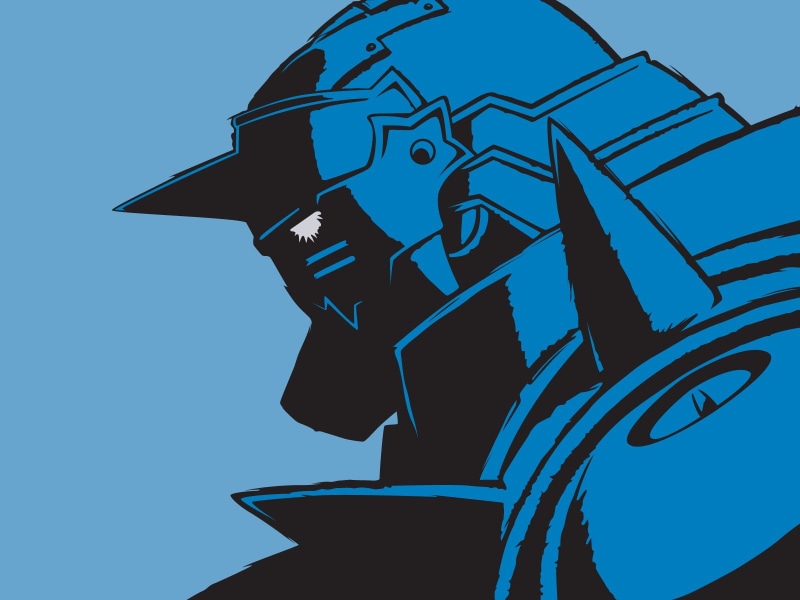 Full Metal Alchemist, male likeness, blue, side view, low angle view, 720P, one person, Elric Alphonse, day, art and craft, nature, human representation