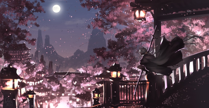 Braid, Lantern, Moon, Original, White Hair, Long Hair, Anime, Cape, 4K, Cherry Blossom