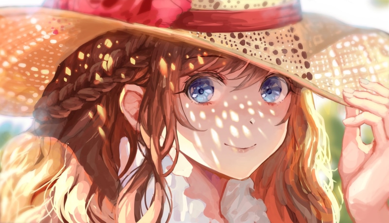 smiling, blue eyes, illustration, women with hats, Pixiv, straw hat, looking at viewer, portrait, artwork, long hair, face, bokeh, 2D, summer, 1080P, original characters