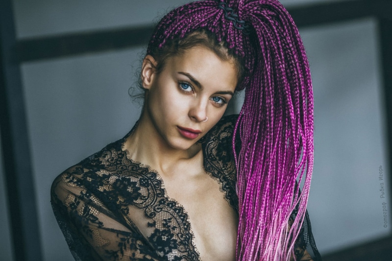 hair, long hair, portrait, young women, beauty, lifestyles, Braided hair, s, dyed hair, floral, young adult, clothing, black, 1080P, purple, teenager