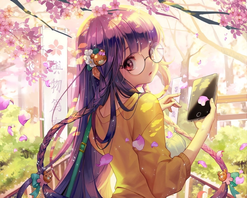 anime, glasses, purple hair, petals, braids, phone, dress, anime girls, long hair, red eyes, 720P