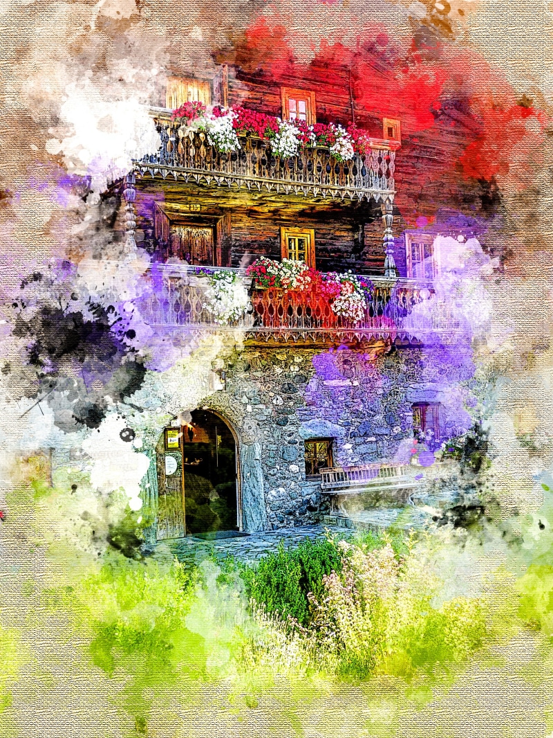 history, summer, built structure, weathered, farmhouse, embroidery, day, nature, photo manipulation, flowers, wall, flowering plant, outdoors, balcony