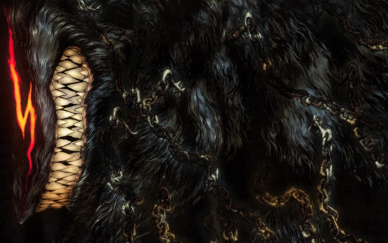 hair, backgrounds, animal, 1080P, close-up, dark fantasy, scarf, indoors, one animal, long hair, no people, hairstyle, textile, pattern, Berserk, illustration