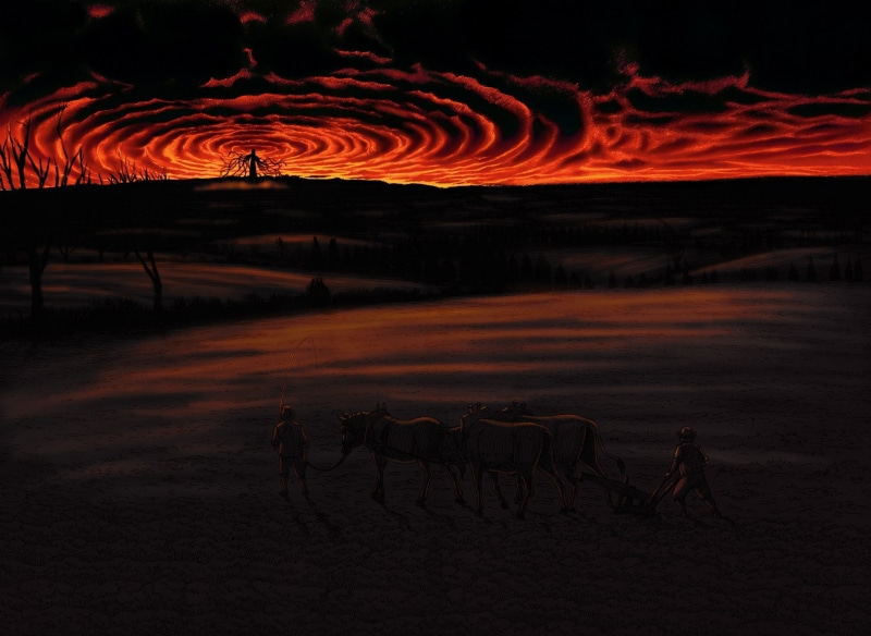 Kentaro Miura, motion, animal wildlife, outdoors, silhouette, environment, nature, 720P, domestic, sunset, animal, mammal, animal themes, group of animals