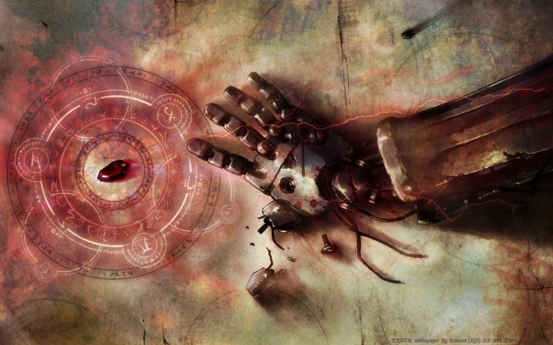 hand, philosopher stone, 1080P, art, fullmetal alchemist, rust, transmutational circle, anime, stone, broken, automail