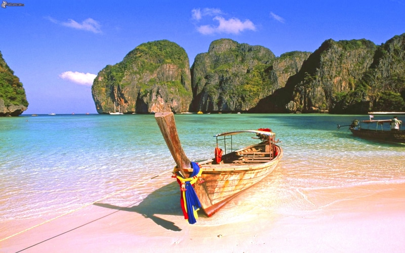 bois, un, phi, iles, rochers, azuree, en, la, mer, bateau, dans, ete, thailande, des, 2K, baie