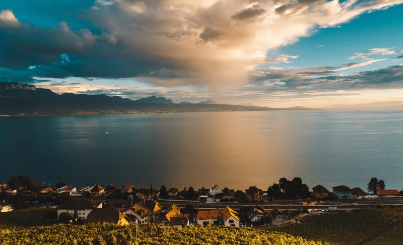 beach, rock - object, outdoors, non-urban scene, scenics - nature, rock, land, sunset, grandvaux, sea, bourg-en-lavaux, lac léman, tranquil scene, no people