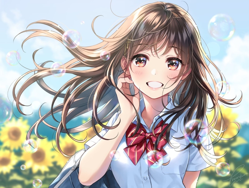 outdoors, looking at viewer, brunette, bubbles, school uniform, smiling, long hair, anime, drawing, anime girls, 720P, summer, portrait, 2D, handbags