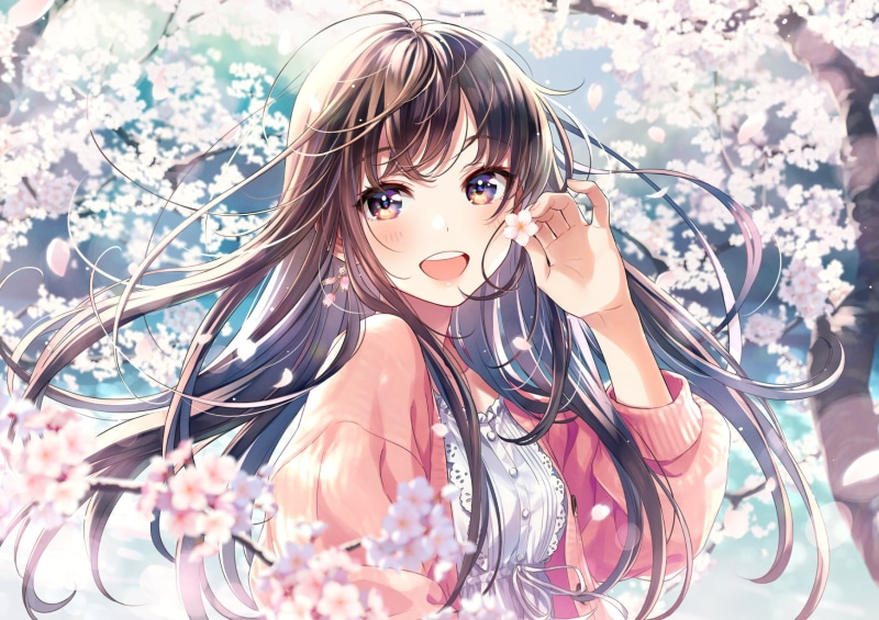 brunette, earring, bokeh, 720P, dress, branch, artwork, 2D, drawing, anime, Morikura En, cherry blossom, happy, sweater, anime girls, digital art, long hair