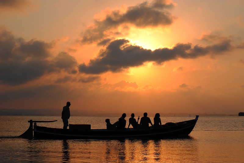 asia, vacations, en, LA, nature, nautical Vessel, silhouette, riding, sunrise - Dawn, sea, dusk, outdoors, beach, España, boat, sun, ALBUFERA, 4K, people