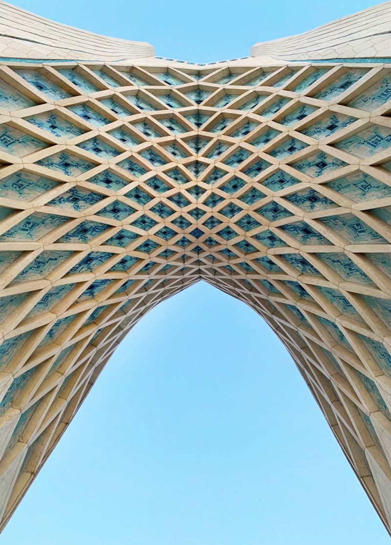 skyscraper, blue, azadi tower, building, tehran, hole, directly below, angle, low, arch, manument, history, azadi, rise, tower, dome, arched, opera house