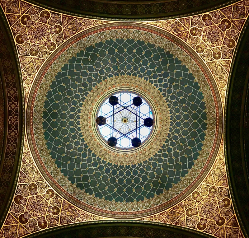 rug, indoors, low angle view, arched, shape, place of worship, built structure, mosaic, no people, floral pattern, vault ceiling, design, cupola, synagogue