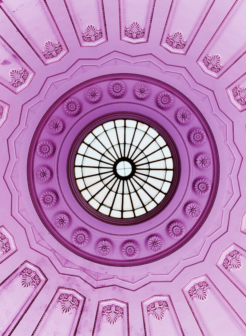 vault ceiling, directly below, indoors, rug, architecture, pattern, building, apse, pink, ornate, art, skylight, dome, circle, fractal, architecture and art