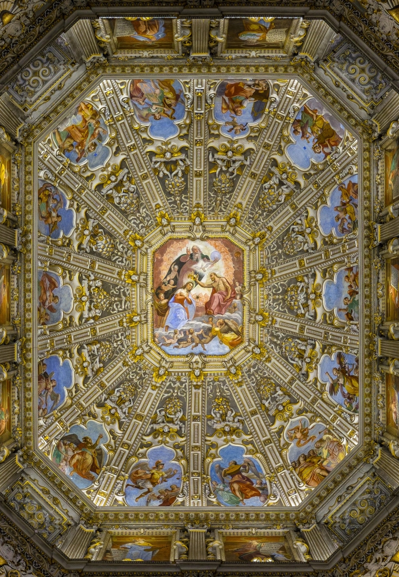 low angle view, travel destinations, religion, building, painting, bergamo, cathedral, indoors, mosaic, vault, human representation, place of worship, tile