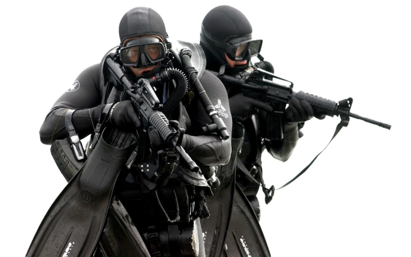 suits, clear sky, holding, weapon, safety, armed forces, two, government, front view, armored, Navy Seal, rifle, clothing, uniform, protection, aggression