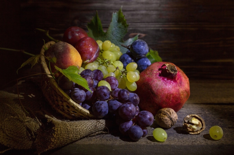 2K, garnet, plum, still life, grapes, fruit, nuts, burlap