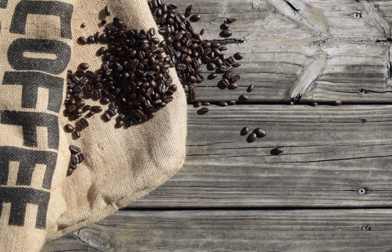 sack, top, no people, coffee - drink, roast, coffee, directly above, wood, burlap, food and drink, freshness, wood - Material, cup, brown, beans, cafe