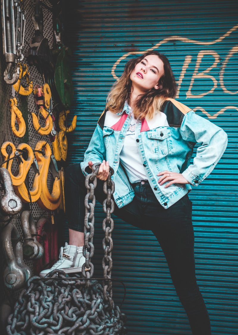 fashion, jacket, person, posing, blue, portrait, beautiful woman, three quarter length, wear, model, young women, girl, style, female, 8K, chains, standing