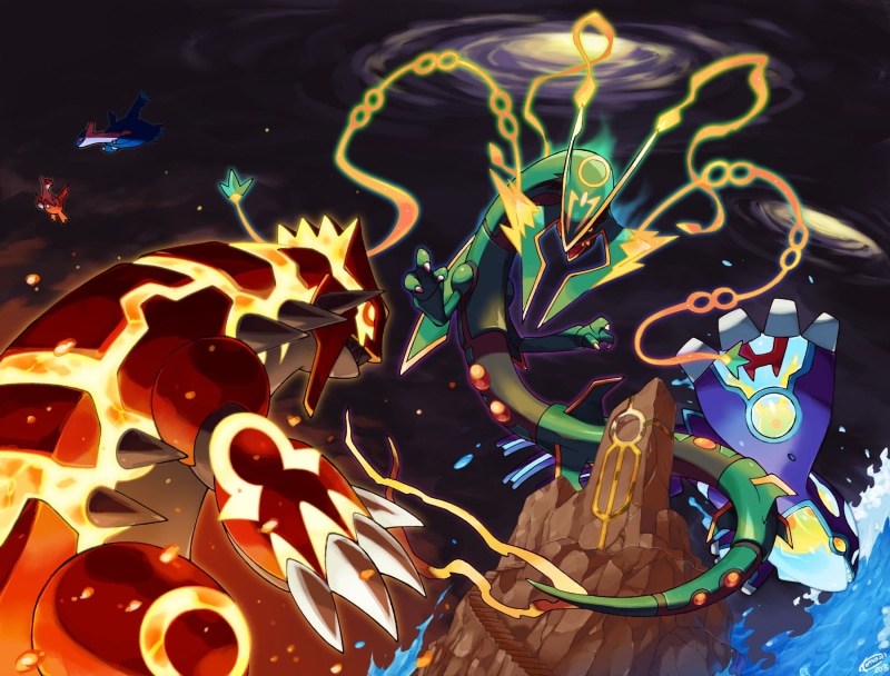 Mega Rayquaza (Pokémon), close-up, Pokémon, high angle view, Kyogre (Pokémon), decoration, representation, celebration, Latios (Pokémon), animal representation