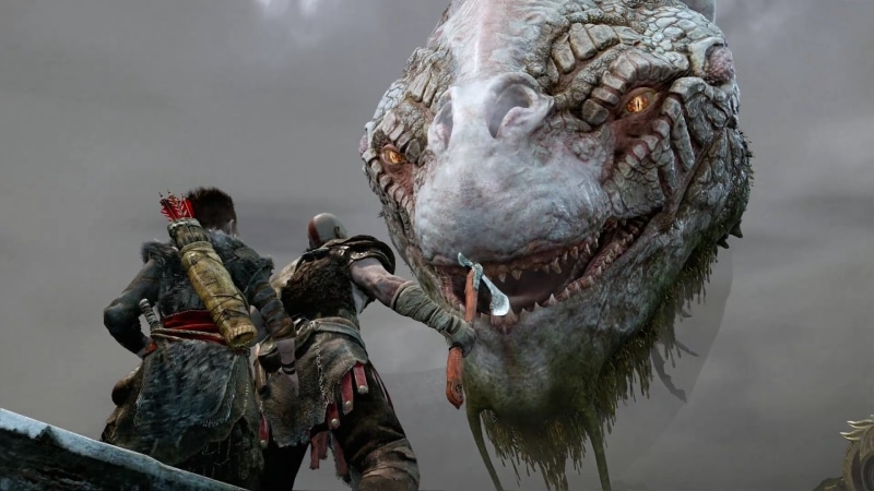 aggression, 1080P, no people, statue, animal, sculpture, group of animals, vertebrate, water, art and craft, mouth open, God of War (2018), nature, outdoors