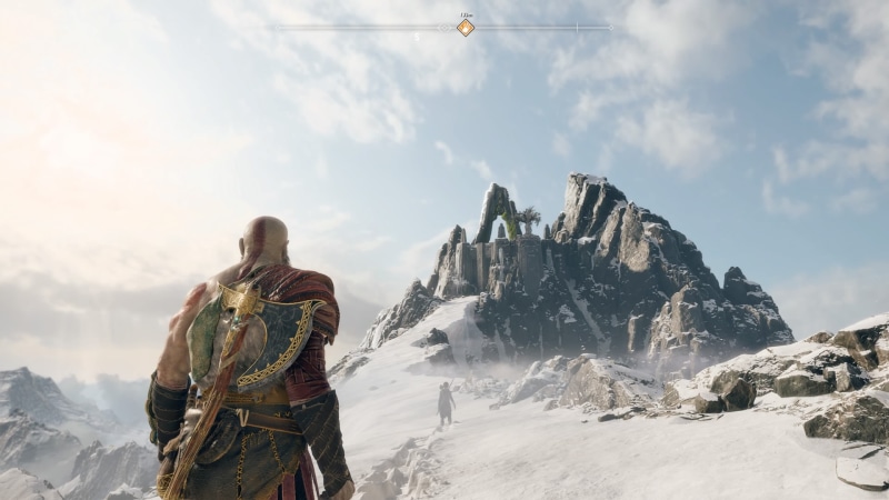 real people, mountain, God of War (2018), clothing, snowcapped mountain, day, outdoors, mountain range, beauty in nature, cloud - sky, rear view, warm clothing