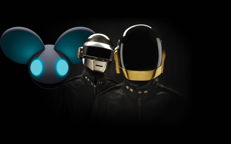 black background, mask, Daft Punk, dark, still life, glowing, light, helmet, lighting equipment, cut out, musician, protection, security, indoors, deadmau5