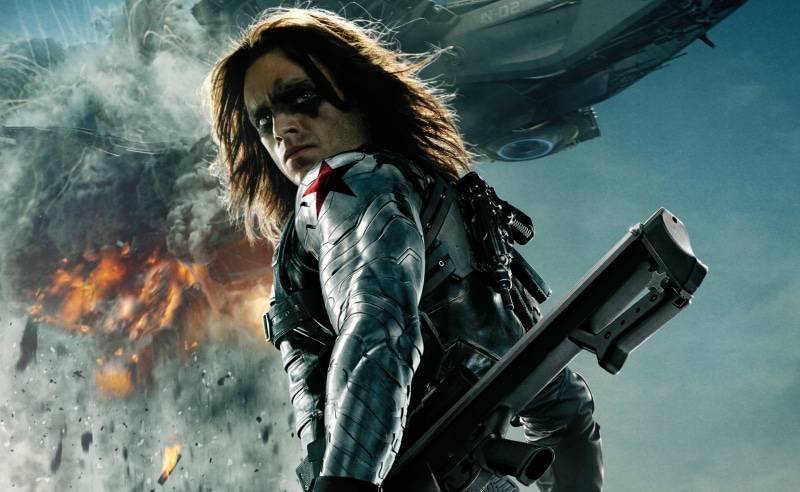 beautiful woman, portrait, The Winter Soldier, Superhero, one person, smoke - physical structure, aggression, 2K, hair, waist up, hairstyle, bucky, weapon